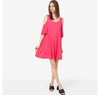 Red Coral Cut Out Shoulder Tunic Dress