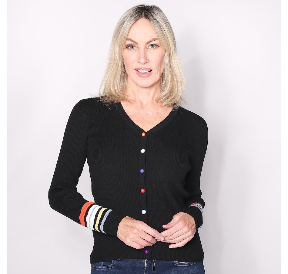 Image 100619_BLK.jpg, Product 100-619 / Price $59.33, Brian Bailey Colourful Button Front Cardi with Multi Stripe Cuff from Brian Bailey on TSC.ca's Fashion department
