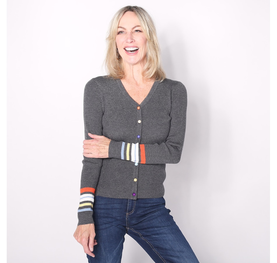 Image 100619_CHR.jpg, Product 100-619 / Price $59.33, Brian Bailey Colourful Button Front Cardi with Multi Stripe Cuff from Brian Bailey on TSC.ca's Fashion department