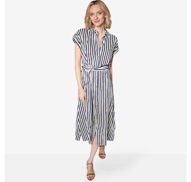 Isaac Mizrahi Striped Linen Blend Belted Shirtdress
