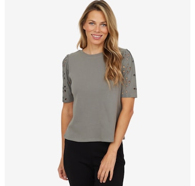 Isaac Mizrahi Eyelet Sleeve Cotton Tee