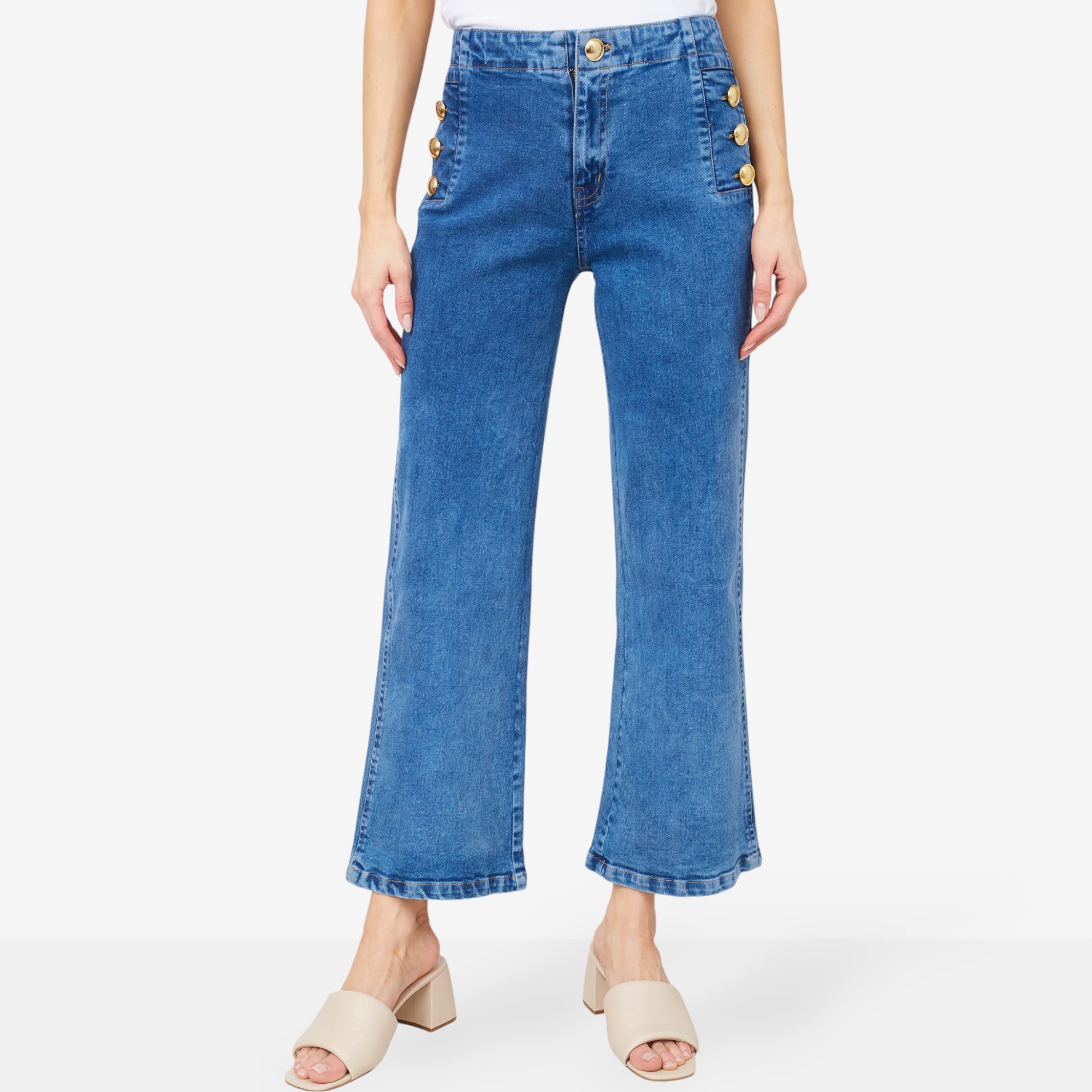 Isaac Mizrahi Side Button Detail Cropped Denim Flare Pant - TSC.ca