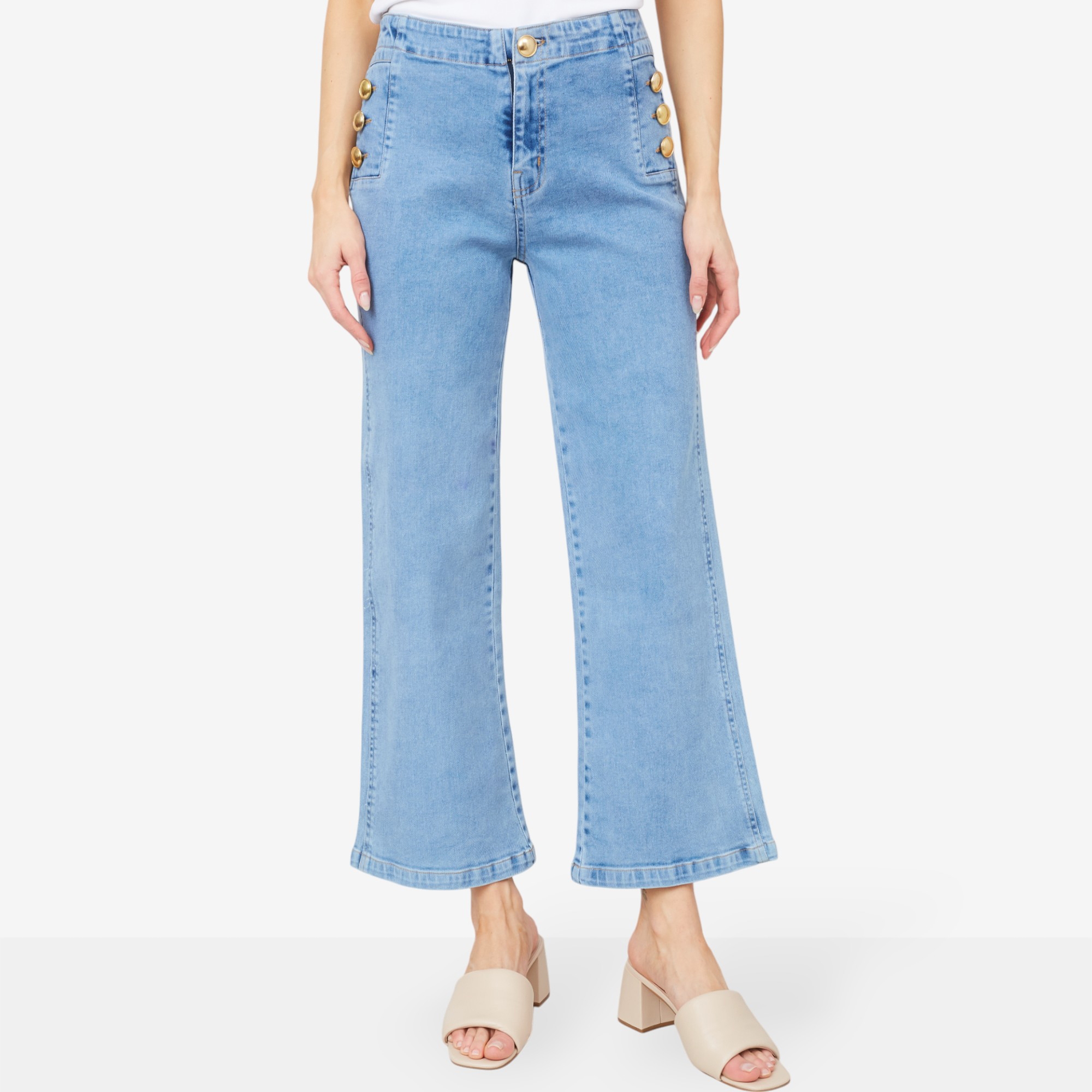 Isaac Mizrahi Side Button Detail Cropped Denim Flare Pant - TSC.ca
