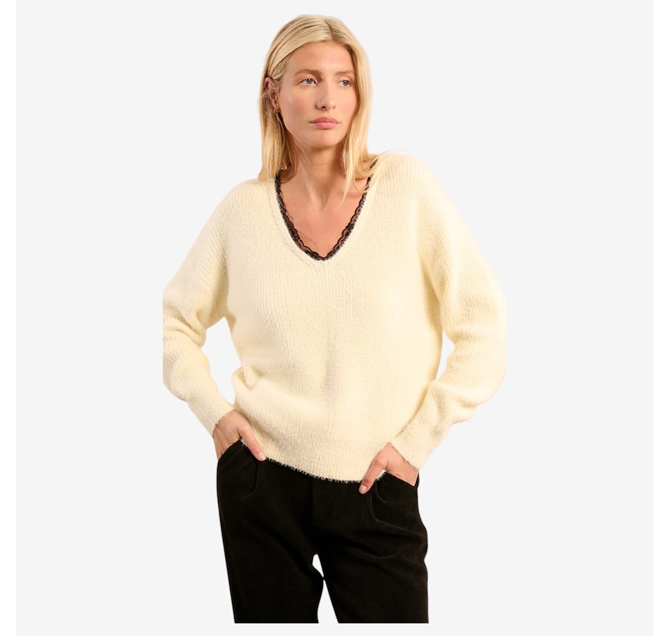 Image 100691_OWH.jpg, Product 100-691 / Price $69.88, Molly Bracken V- Neck Sweater with Lace Trim Detail from Molly Bracken on TSC.ca's Fashion department