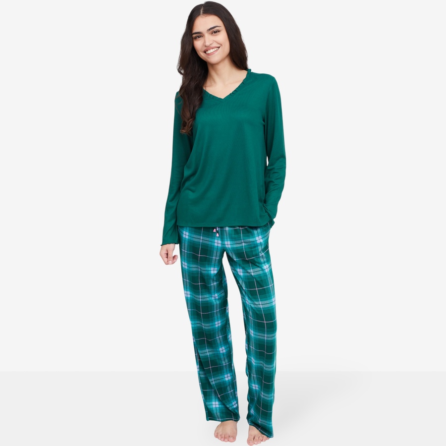 Image 100708_GRPL.jpg, Product 100-708 / Price $19.33, Cuddl Duds Bliss Knit Ruffle V-Neck Sleep Set from Cuddl Duds on TSC.ca's Fashion department
