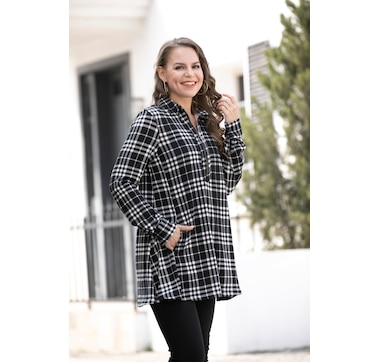 Orange Fashion Village Roll Tab Plaid Tunic Top