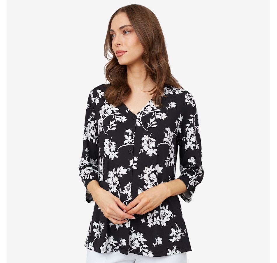 Image 100912_BLKE.jpg, Product 100-912 / Price $24.33, Kim & Co. Printed Brazil Knit 3/4 Sleeve Button Front Blouse from Kim & Co. on TSC.ca's Fashion department