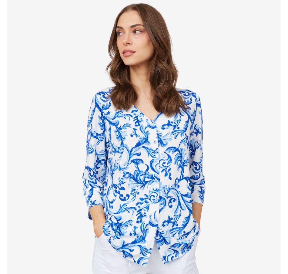 Image 100912_BLMU.jpg, Product 100-912 / Price $24.33, Kim & Co. Printed Brazil Knit 3/4 Sleeve Button Front Blouse from Kim & Co. on TSC.ca's Fashion department