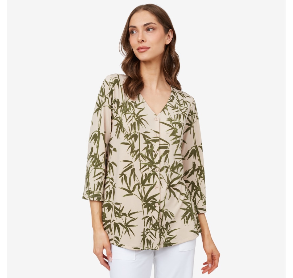 Image 100912_LASMI.jpg, Product 100-912 / Price $24.33, Kim & Co. Printed Brazil Knit 3/4 Sleeve Button Front Blouse from Kim & Co. on TSC.ca's Fashion department