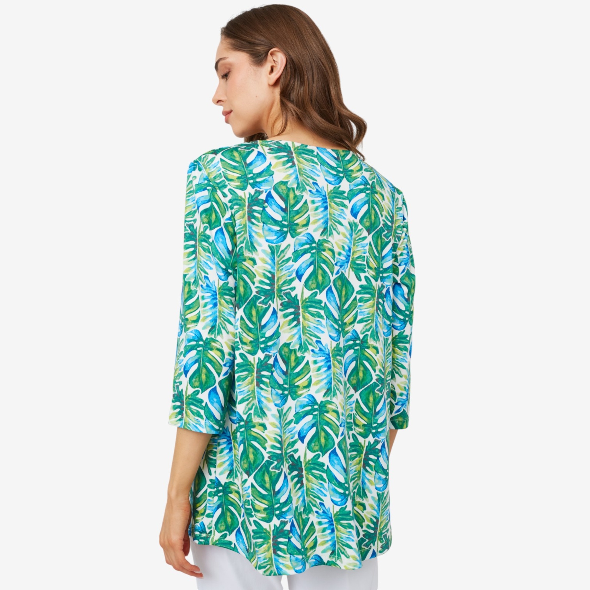 Kim & Co. Printed Brazil Knit 3/4 Sleeve Pleated Front Tunic - TSC.ca