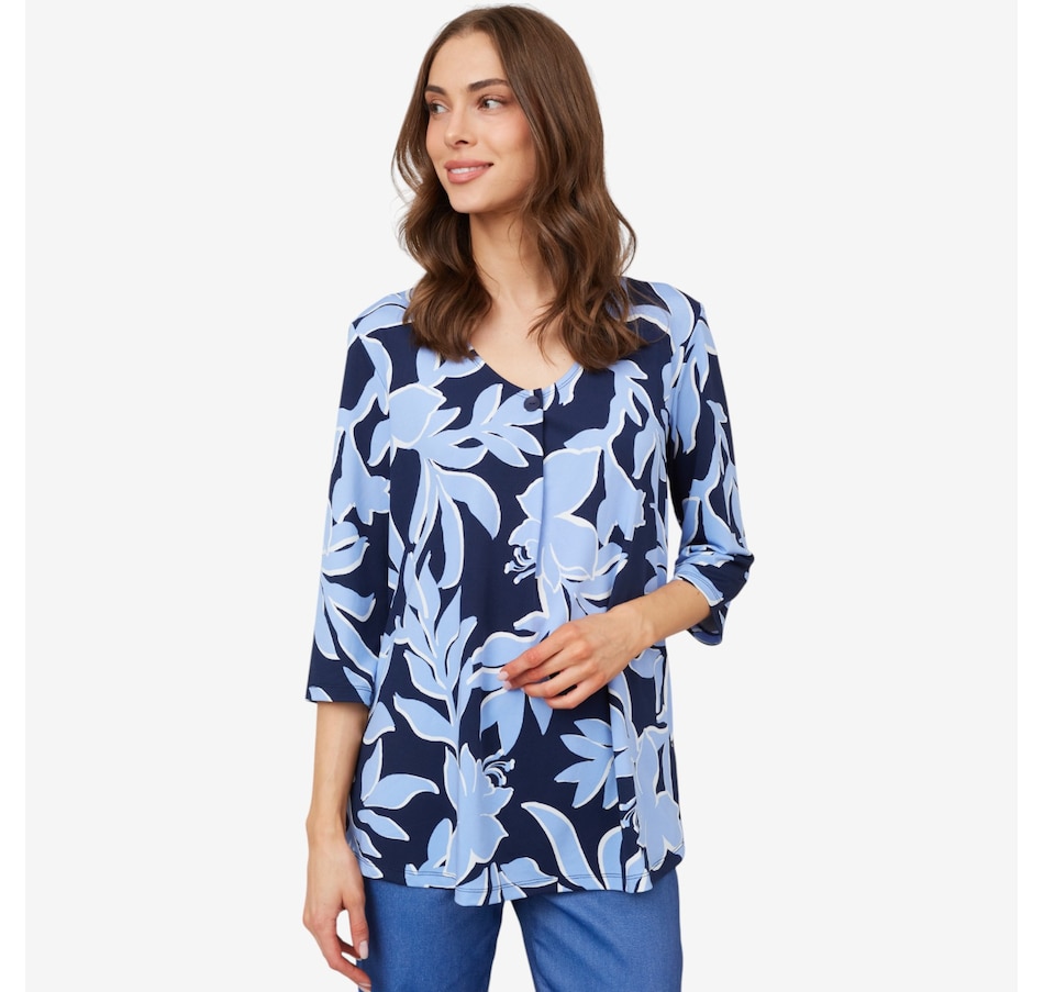 Kim & Co. Printed Brazil Knit 3/4 Sleeve Pleated Front Tunic