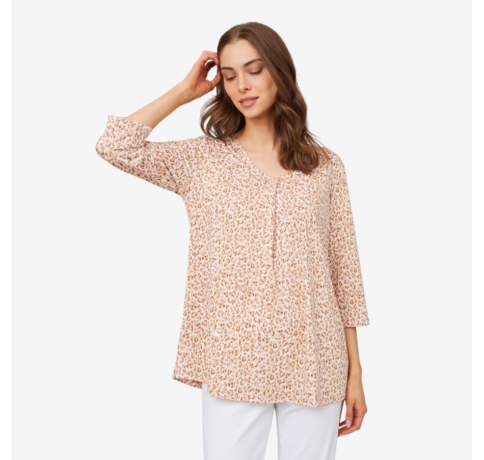 Kim & Co. Printed Brazil Knit 3/4 Sleeve Pleated Front Tunic
