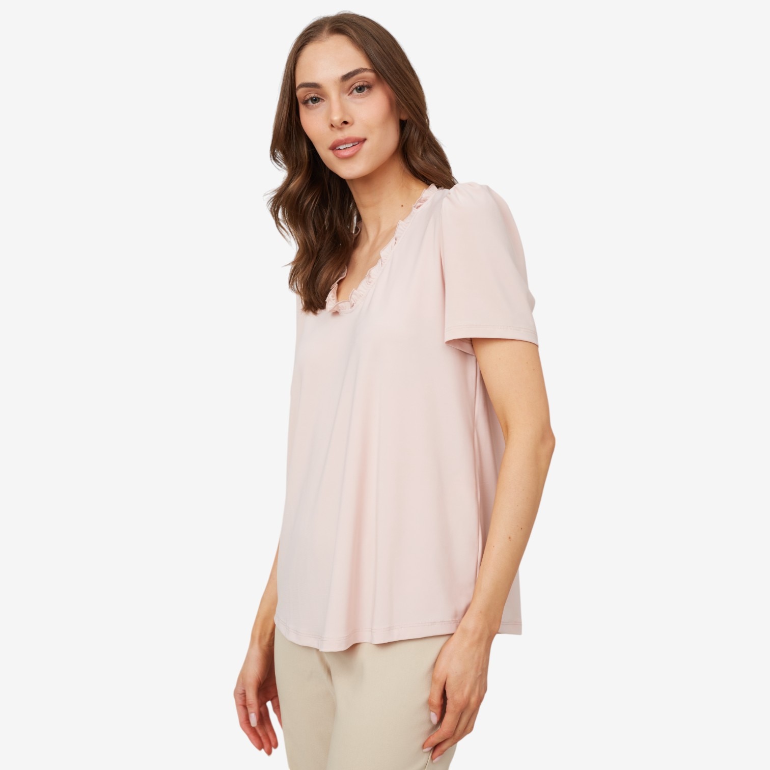 Kim & Co. Deluxe Brazil Knit Frilled Neckline Short Sleeve