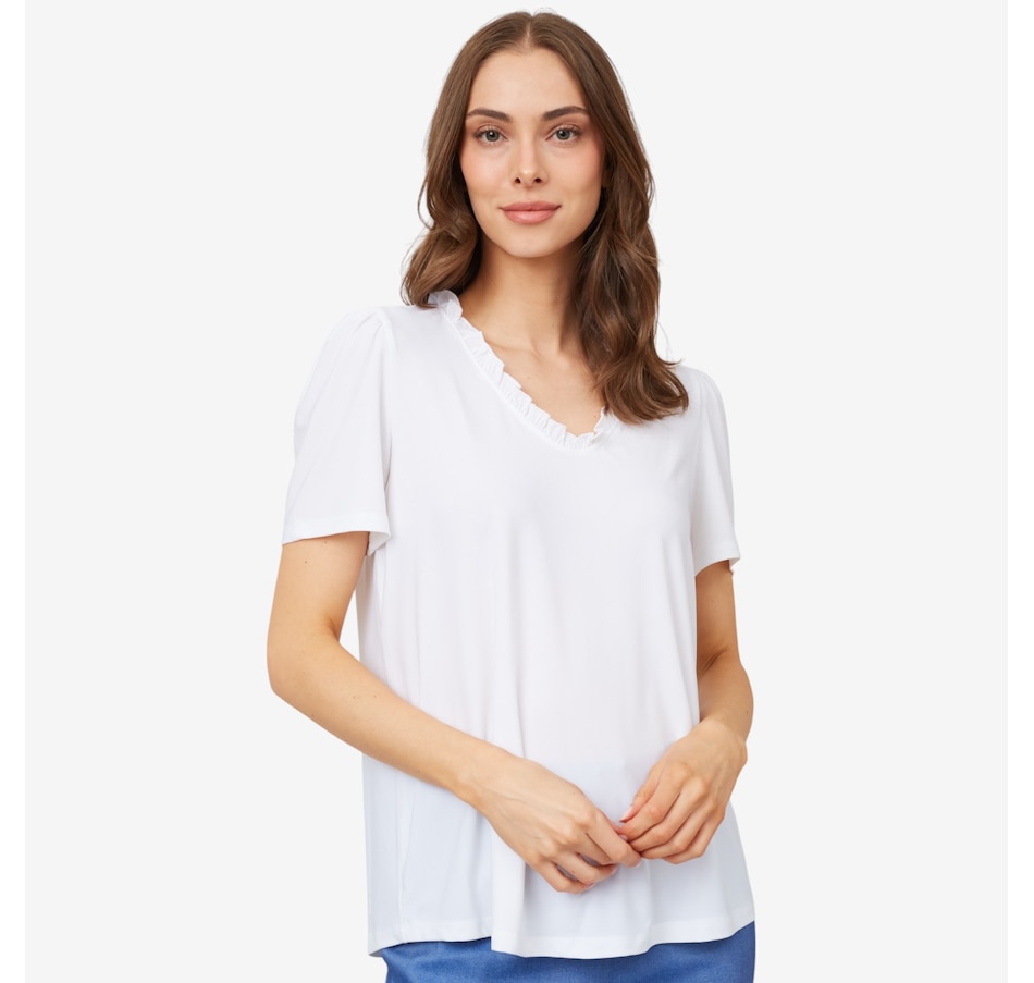 Kim & Co. Deluxe Brazil Knit Frilled Neckline Short Sleeve Top