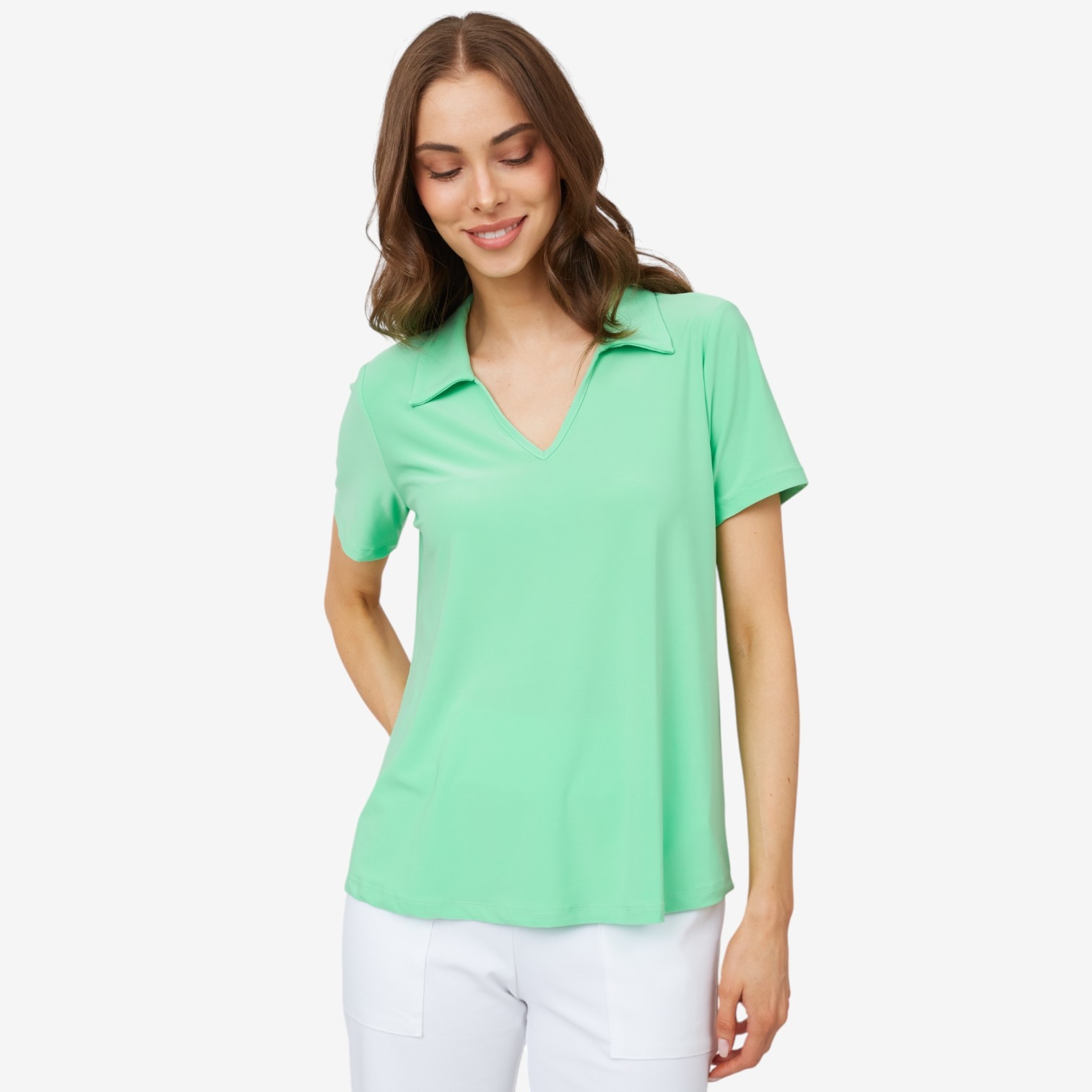 Kim & Co. Deluxe Brazil Knit Short Sleeve Johnny Collar Top