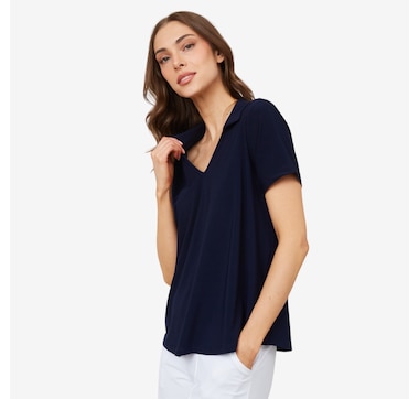 Product 100-918 / Price $59.99 , Kim & Co. Deluxe Brazil Knit Short Sleeve Johnny Collar Top