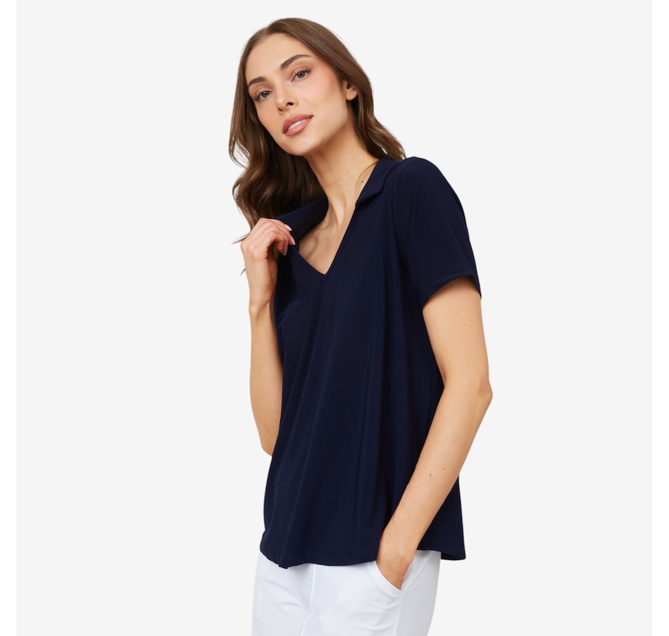 Kim & Co. Deluxe Brazil Knit Short Sleeve Johnny Collar Top