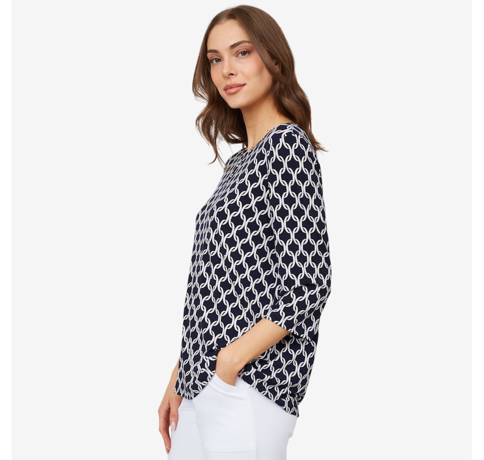 Image 100919_ALTMORE1.jpg, Product 100-919 / Price $24.88, Kim & Co. Printed Brazil Knit ¾ Sleeve Keyhole Detail Top from Kim & Co. on TSC.ca's Fashion department