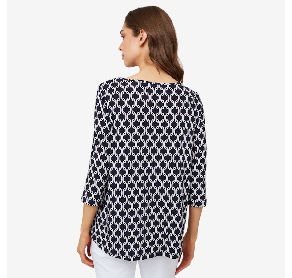 Image 100919_ALTMORE2.jpg, Product 100-919 / Price $24.88, Kim & Co. Printed Brazil Knit ¾ Sleeve Keyhole Detail Top from Kim & Co. on TSC.ca's Fashion department