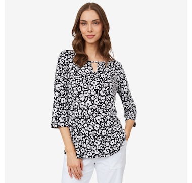 Product 100-919 / Price $49.99 , Kim & Co. Printed Brazil Knit ¾ Sleeve Keyhole Detail Top