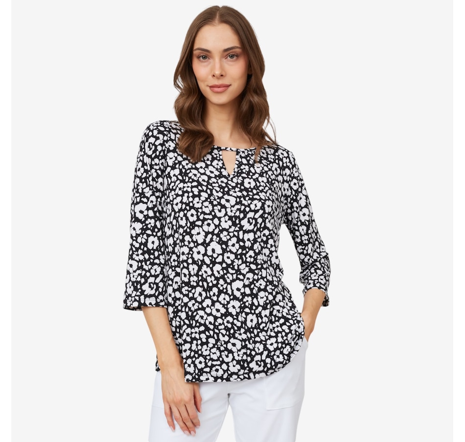 Image 100919_BKW.jpg, Product 100-919 / Price $24.88, Kim & Co. Printed Brazil Knit ¾ Sleeve Keyhole Detail Top from Kim & Co. on TSC.ca's Fashion department
