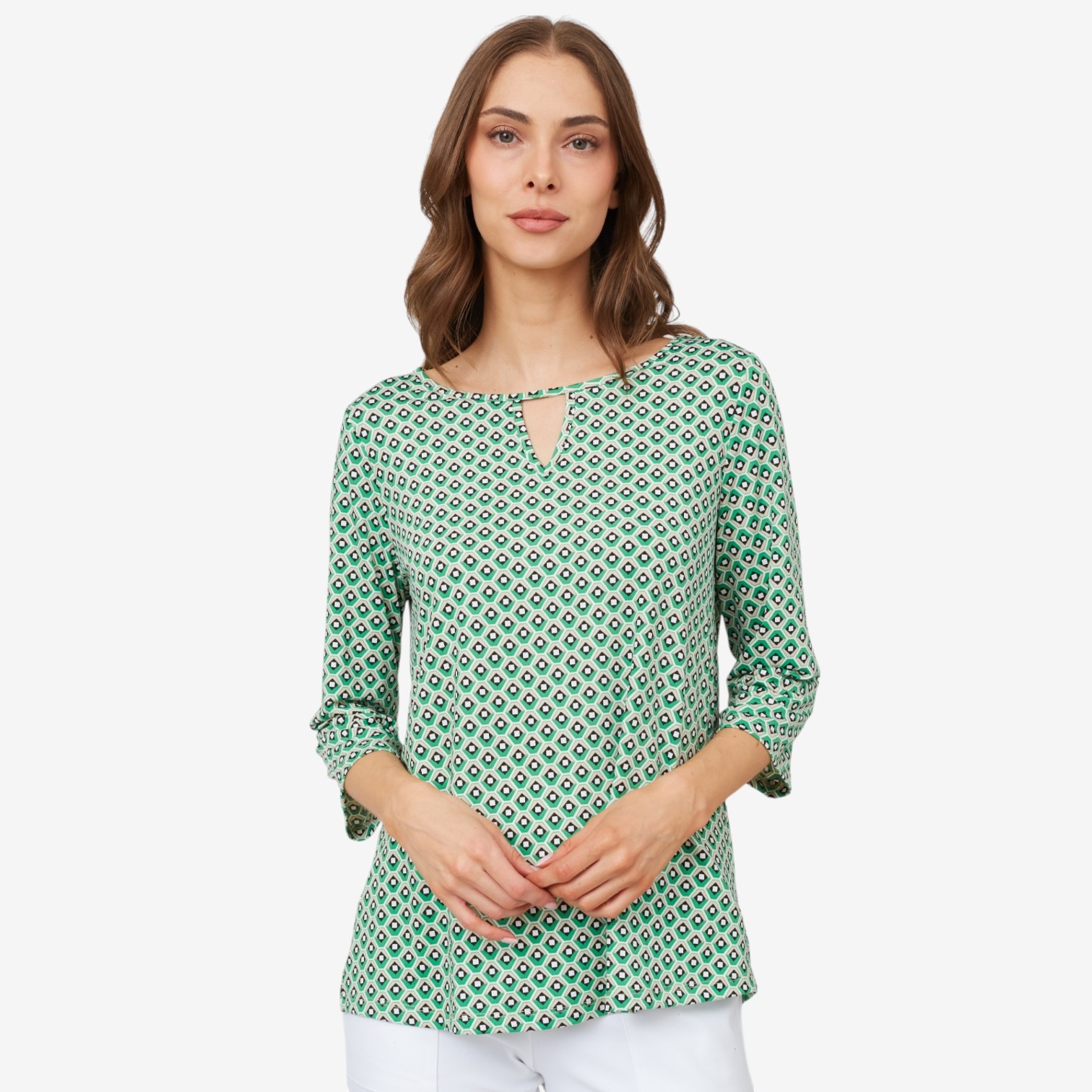 Kim & Co. Printed Brazil Knit ¾ Sleeve Keyhole Detail Top