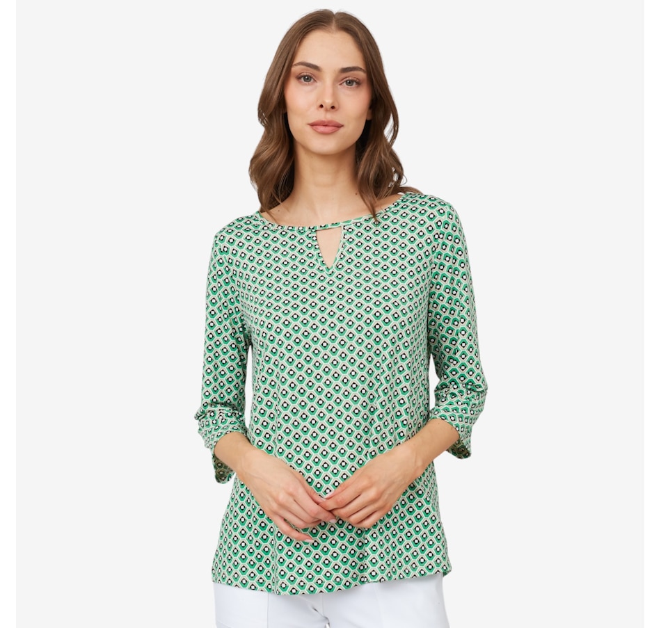 Kim & Co. Printed Brazil Knit ¾ Sleeve Keyhole Detail Top