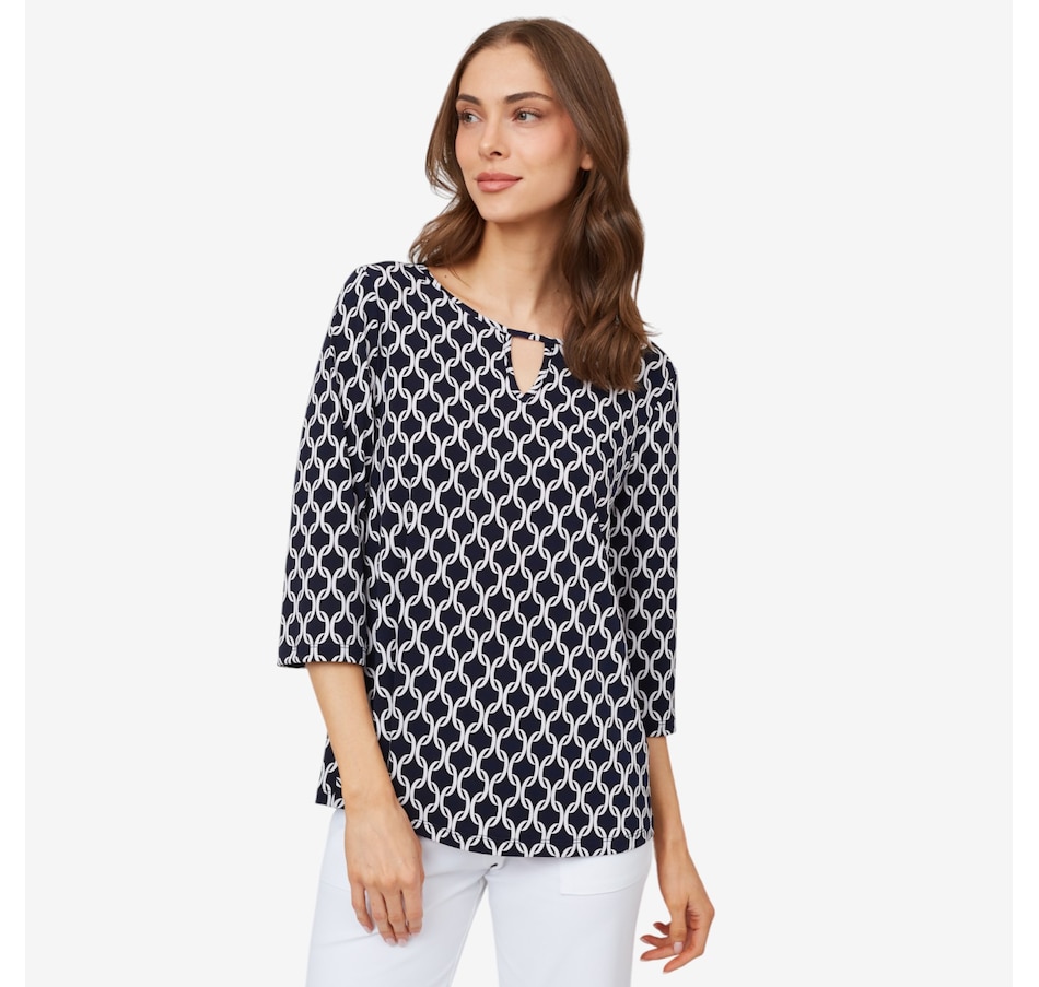 Kim & Co. Printed Brazil Knit ¾ Sleeve Keyhole Detail Top