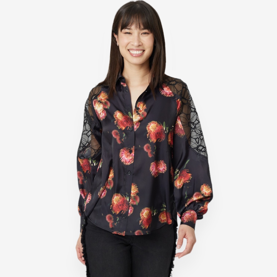 Image 100965_BKF.jpg, Product 100-965 / Price $29.33, Diane Gilman Button Up Blouse with Lace Shoulder Panels from DG2 by Diane Gilman on TSC.ca's Fashion department