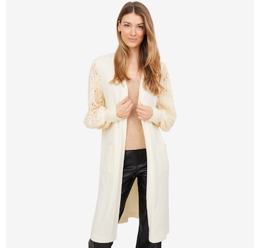 C. Wonder Luxe Yarn Cardigan with Novelty Woven Pearl Sleeves
