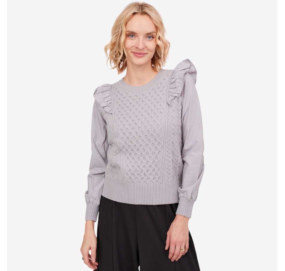 Image 101141_ALOY.jpg, Product 101-141 / Price $49.88, C. Wonder Cable Mix Luxe Yarn Ruffle Detail Sweater from C. Wonder by Christian Siriano on TSC.ca's Fashion department