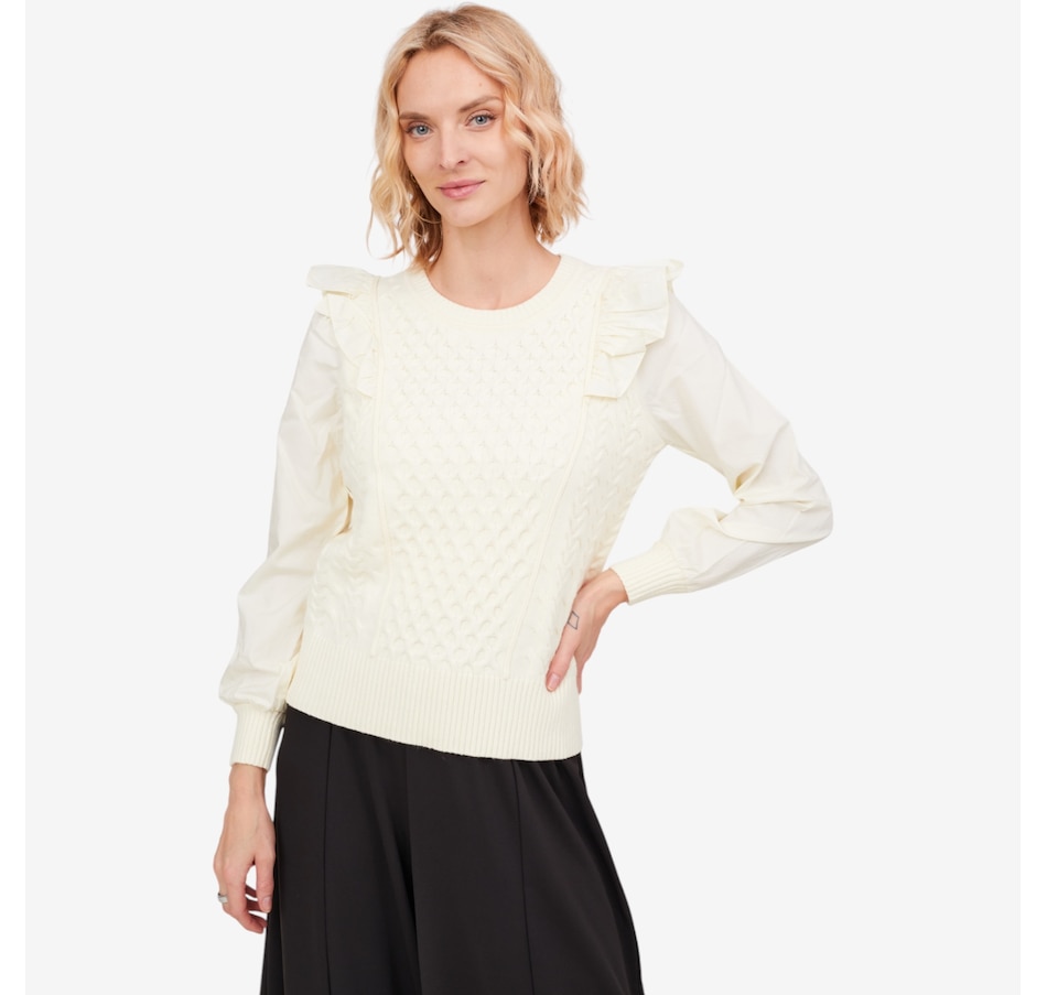 Image 101141_CRM.jpg, Product 101-141 / Price $49.88, C. Wonder Cable Mix Luxe Yarn Ruffle Detail Sweater from C. Wonder by Christian Siriano on TSC.ca's Fashion department