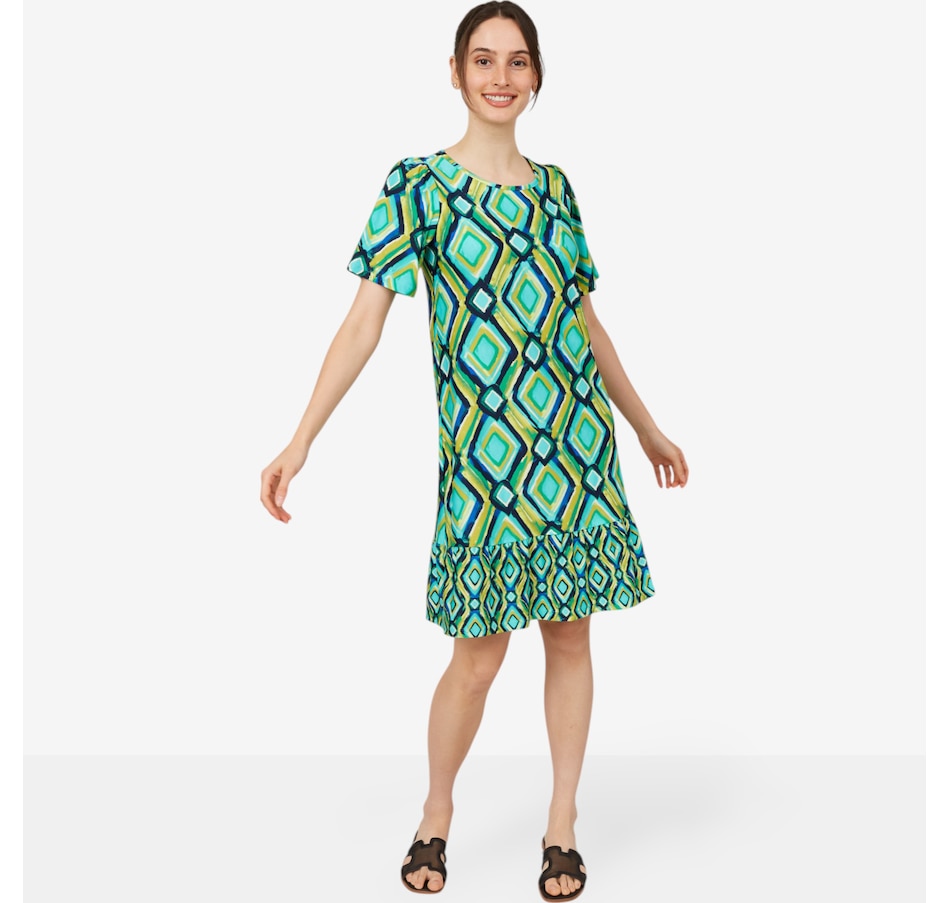 Image 101151_GRMU.jpg, Product 101-151 / Price $24.33, Kim & Co. Printed Brazil Knit Short Sleeve Frilled Dress from Kim & Co. on TSC.ca's Fashion department