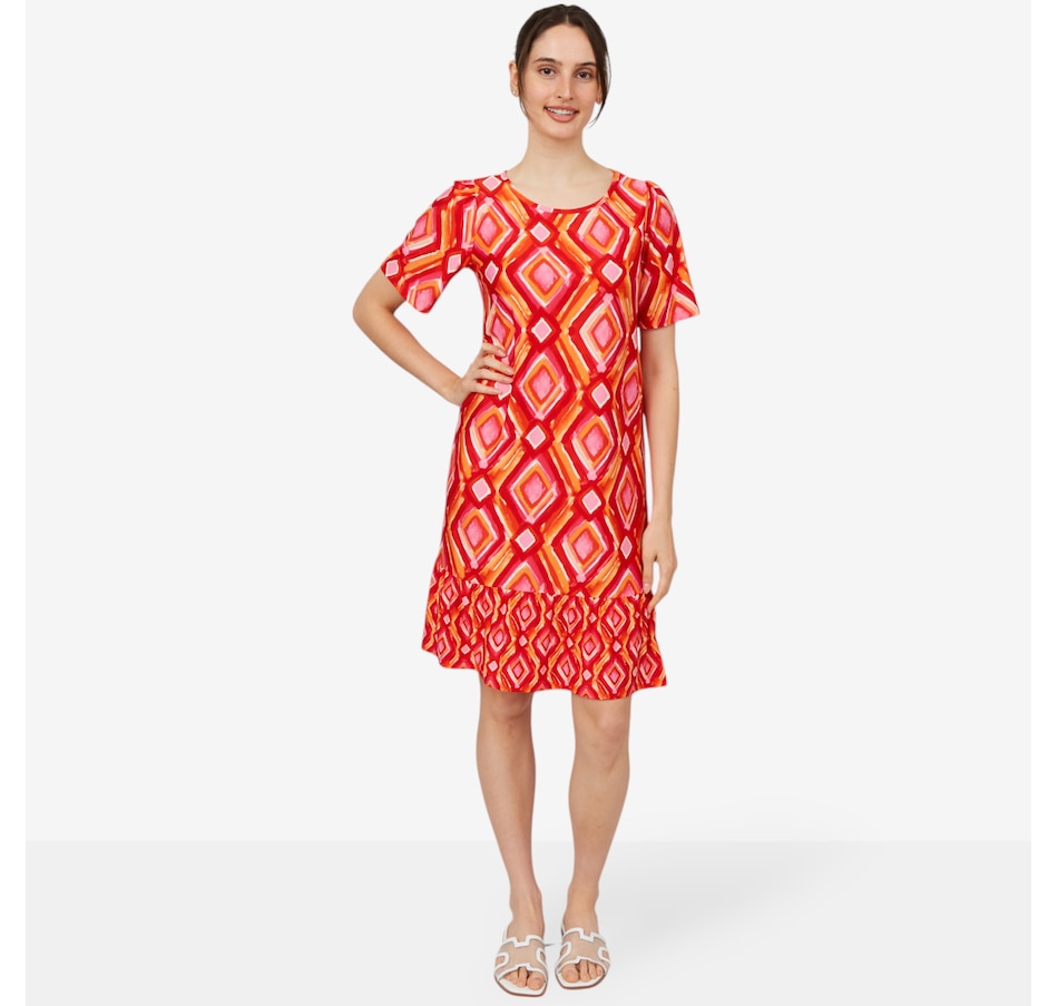 Image 101151_RMU.jpg, Product 101-151 / Price $24.33, Kim & Co. Printed Brazil Knit Short Sleeve Frilled Dress from Kim & Co. on TSC.ca's Fashion department