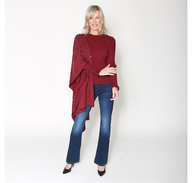 Brian Bailey Ribbed Sleeve Crew Neck Sweater with Sparkle Studded Shawl