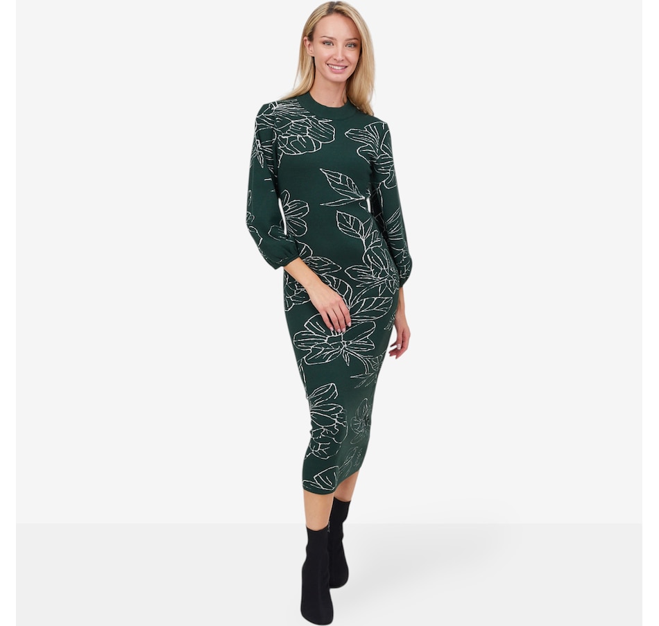 Image 101806_GRN.jpg, Product 101-806 / Price $120.00, Apricot Sketched Floral Puff Sleeve Knitted Dress from Apricot on TSC.ca's Fashion department