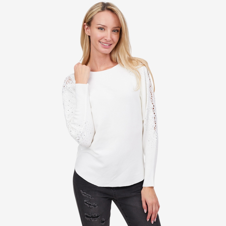 Image 101810_WHT.jpg, Product 101-810 / Price $49.88, Apricot Lace and Stud Arm Batwing Jumper from Apricot on TSC.ca's Fashion department
