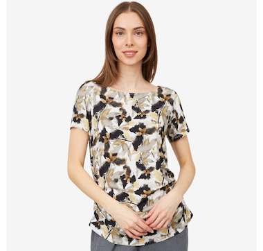 Product 101-835 / Price $59.99 , Legacy Hi Compact Viscose Print Short Sleeve Boatneck Top