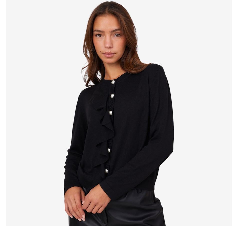 Image 101854_BLK.jpg, Product 101-854 / Price $120.00, Stacy London Ruffle Cardigan with Faux Pearl Buttons from by Stacy London on TSC.ca's Fashion department