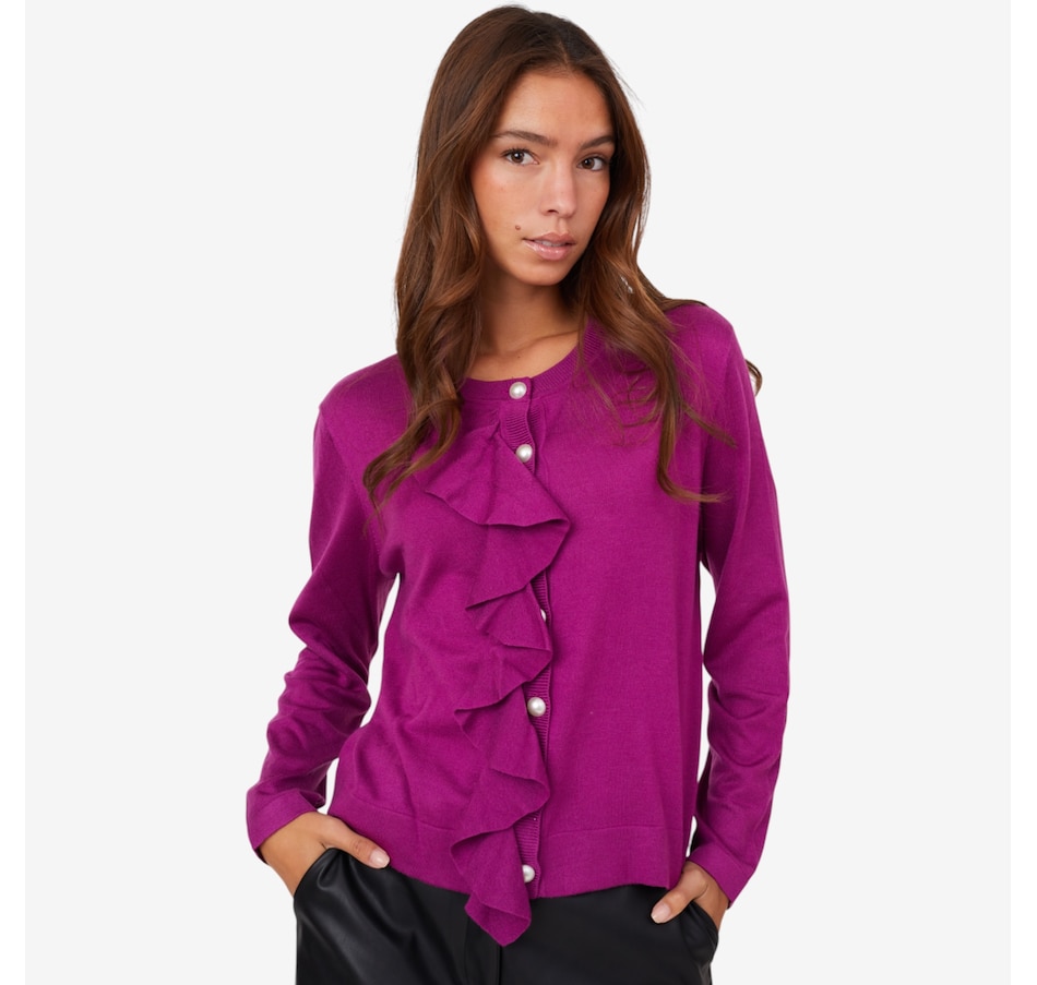 Image 101854_DPV.jpg, Product 101-854 / Price $120.00, Stacy London Ruffle Cardigan with Faux Pearl Buttons from by Stacy London on TSC.ca's Fashion department