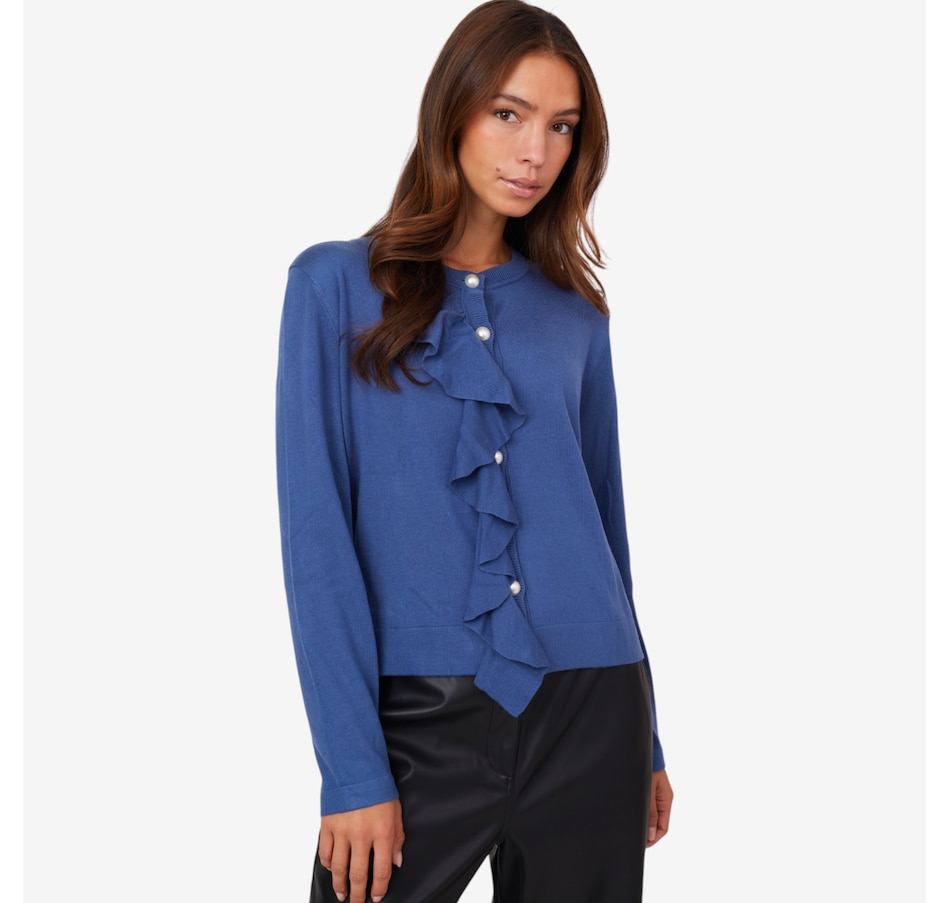 Image 101854_PEA.jpg, Product 101-854 / Price $120.00, Stacy London Ruffle Cardigan with Faux Pearl Buttons from by Stacy London on TSC.ca's Fashion department