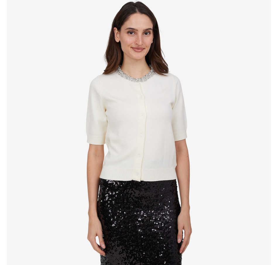 Image 101892_ALTMORE4.jpg, Product 101-892 / Price $120.00, Astrid Crystal Neckline Short Sleeve Cardigan from Astrid on TSC.ca's Fashion department