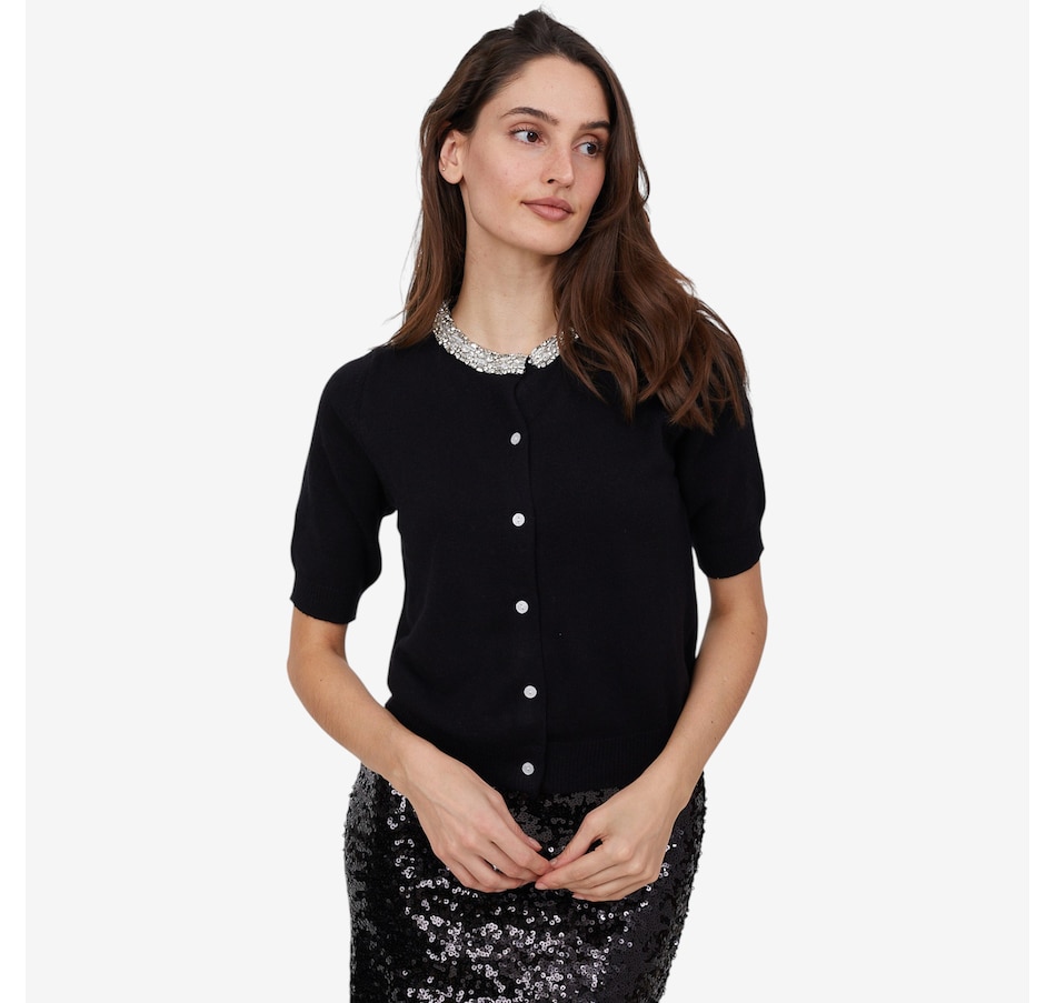 Image 101892_BLK.jpg, Product 101-892 / Price $120.00, Astrid Crystal Neckline Short Sleeve Cardigan from Astrid on TSC.ca's Fashion department