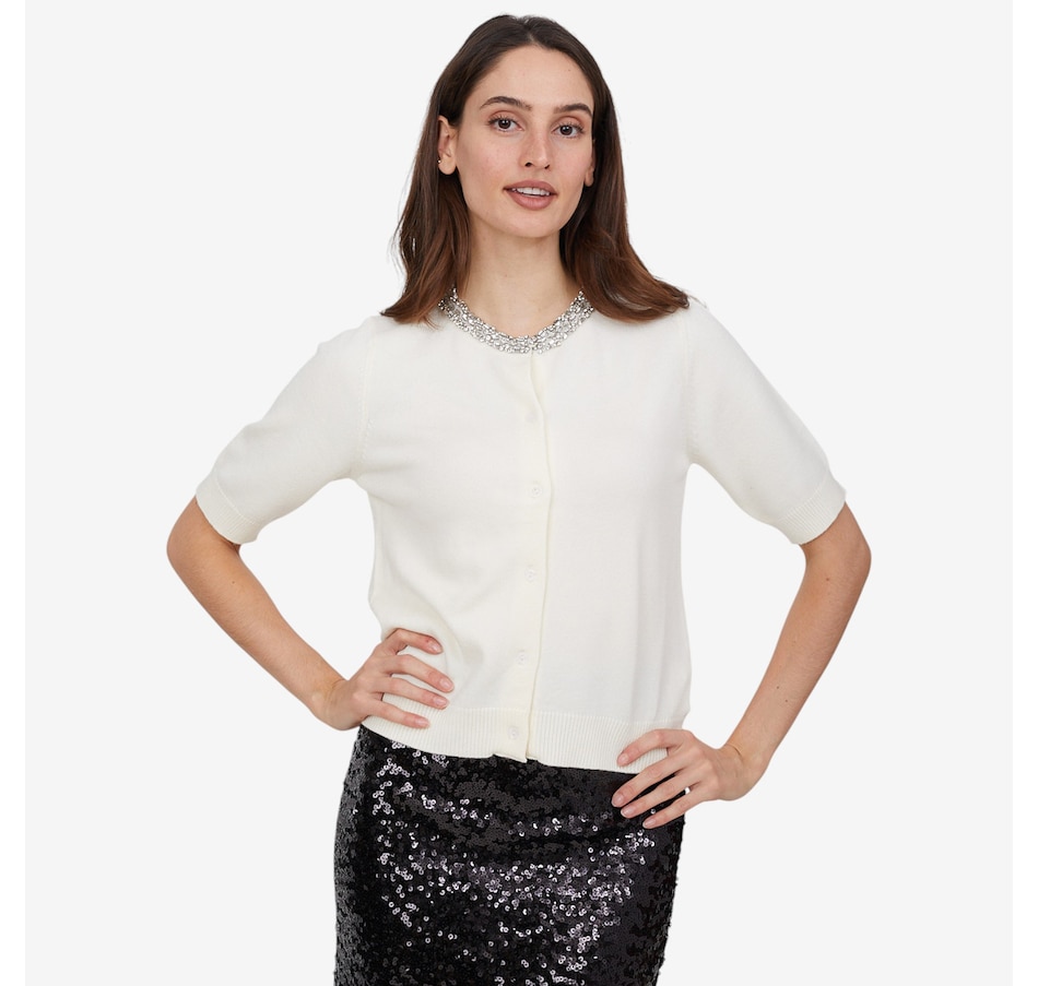 Image 101892_CRM.jpg, Product 101-892 / Price $120.00, Astrid Crystal Neckline Short Sleeve Cardigan from Astrid on TSC.ca's Fashion department