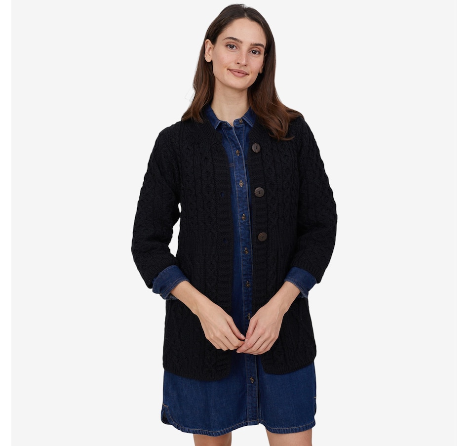 Image 101897_BLK.jpg, Product 101-897 / Price $159.99, Aran Woollen Mills A-Line Merino Diamond and Cable Cardigan from Aran Woollen Mills on TSC.ca's Fashion department