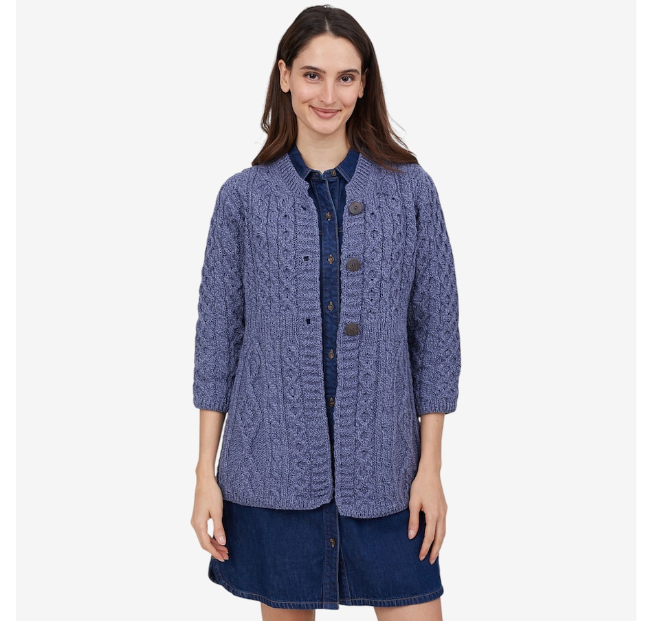 Image 101897_DNMRL.jpg, Product 101-897 / Price $159.99, Aran Woollen Mills A-Line Merino Diamond and Cable Cardigan from Aran Woollen Mills on TSC.ca's Fashion department
