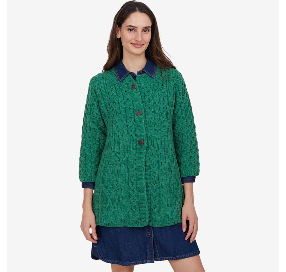 Image 101897_KWI.jpg, Product 101-897 / Price $159.99, Aran Woollen Mills A-Line Merino Diamond and Cable Cardigan from Aran Woollen Mills on TSC.ca's Fashion department