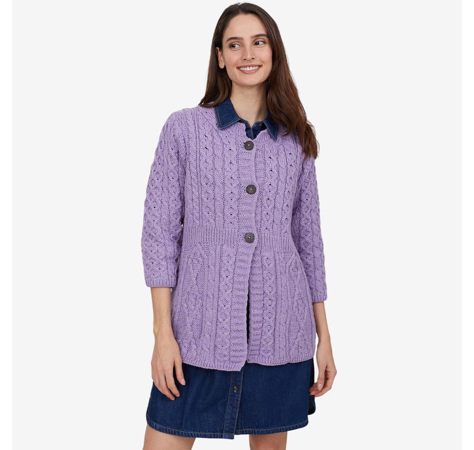 Image 101897_LAV.jpg, Product 101-897 / Price $159.99, Aran Woollen Mills A-Line Merino Diamond and Cable Cardigan from Aran Woollen Mills on TSC.ca's Fashion department