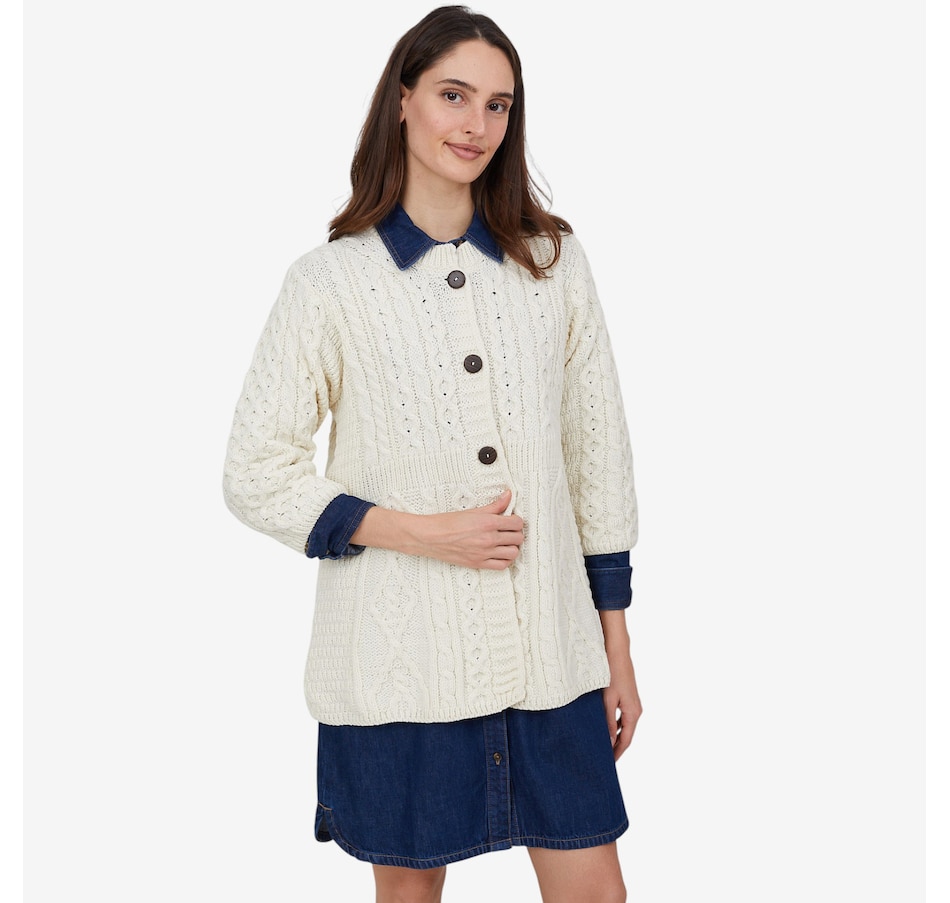 Image 101897_WHT.jpg, Product 101-897 / Price $159.99, Aran Woollen Mills A-Line Merino Diamond and Cable Cardigan from Aran Woollen Mills on TSC.ca's Fashion department