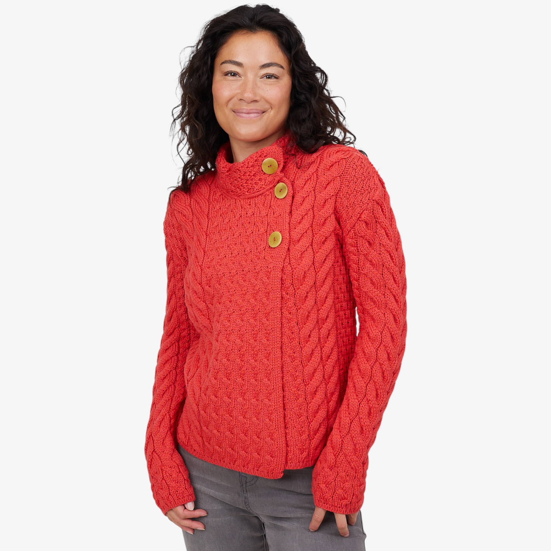 Aran Woollen Mills Asymmetrical Multi-Cable Cardigan with Buttons